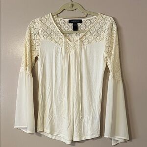 AUGUST SILK. S. Semi sheer bell sleeve top. Crochet style details. NWOT. Beige.